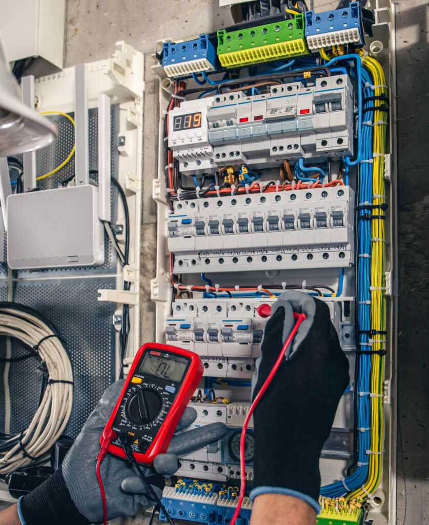The Good Electric man electrical technician working switchboard with fuses